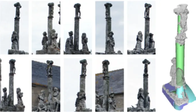 Figure 2. Our hybrid reconstruction with associated multi-view images. Irregular elements such as statues are described by mesh based surfaces whereas regular structures such as columns or walls are modeled by 3D-primitives.