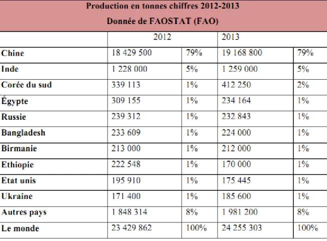 Tableau 02: Production d’ail en tonnes durant les années 2012 et 2013 (FAOSTAT). 