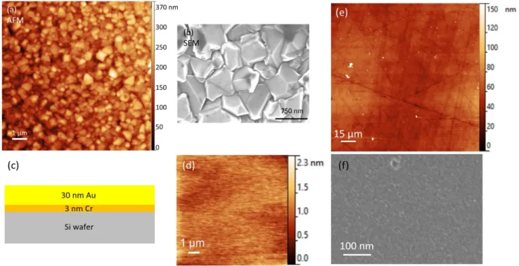 Figure 3. (a) AFM image showing a thickness of 372 nm, Ra of 39.9 nm and Rq of 50.0 nm and (b) SEM image showing crystals 