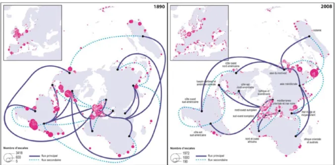 Figure 3 : Flux interregionaux et hiérarchie portuaire mondiale en 1890 et 2008 