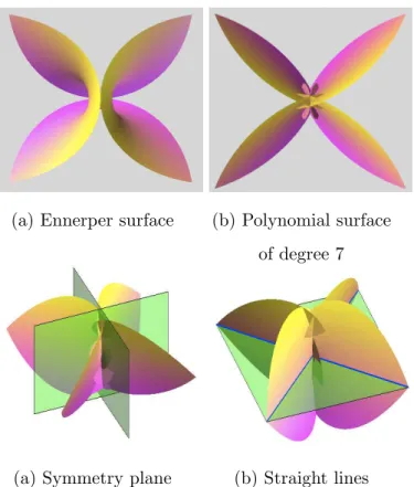 Figure 1: Enneper surface and minimal surface of degree seven. ω = 1, [ − 1, 1] × [ − 1, 1].