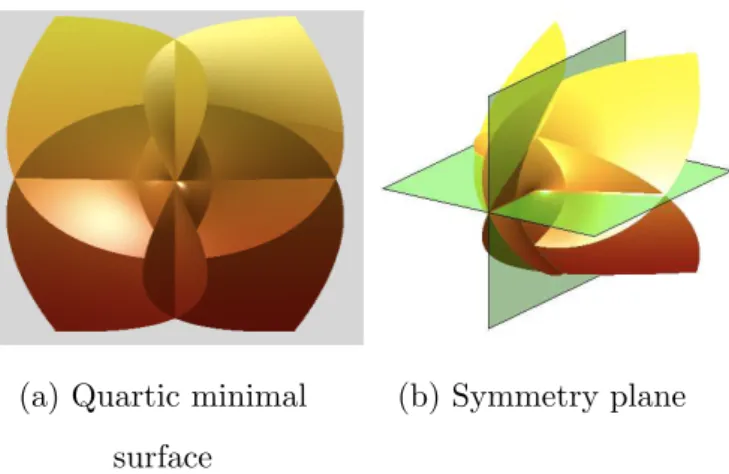 Figure 2: Quartic minimal surface and its symmetry plane. ω = 1, [ − 1, 1] × [ − 1, 1].