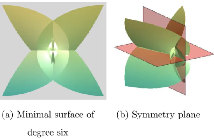 Figure 4: Minimal surface of degree six and its symmetry plane. ω = 1, [ − 1, 1] × [ − 1, 1].