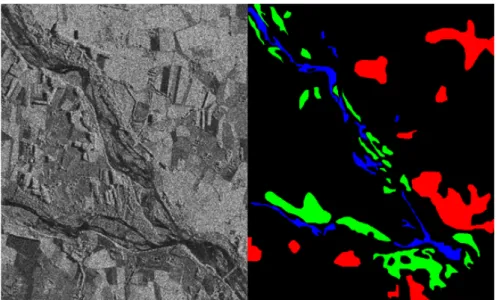 Figure 3: SAR3 Learning image 1200x1000 pixels. HH polarization (left), partial GT (right): blue - water, green - wet soil, red - dry soil