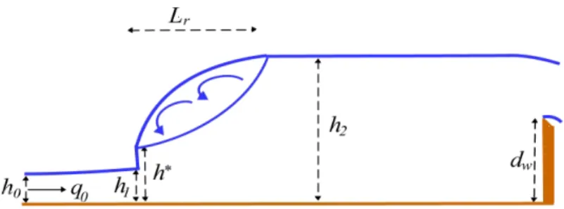 Figure 4.1: Schematic view of a hydraulic jump on a flat bed controlled by a downstream weir of height d w Case HJ2 HJ3 HJ4 Average F r 1 2.0 5.56 11.25 q 0 (m 2 /s) 0.0835 0.02286 0.0835 h 0 (m) 0.05 0.011 0.016 C f 0.00177 0.00236 0.00177 C r 0.174 0.682