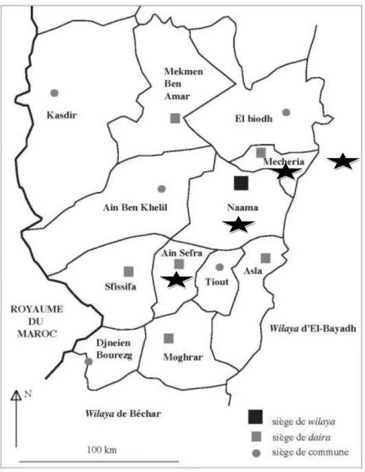 Figure N°I.02 : Daïras de la wilaya Nâama  Les Stations d’études 