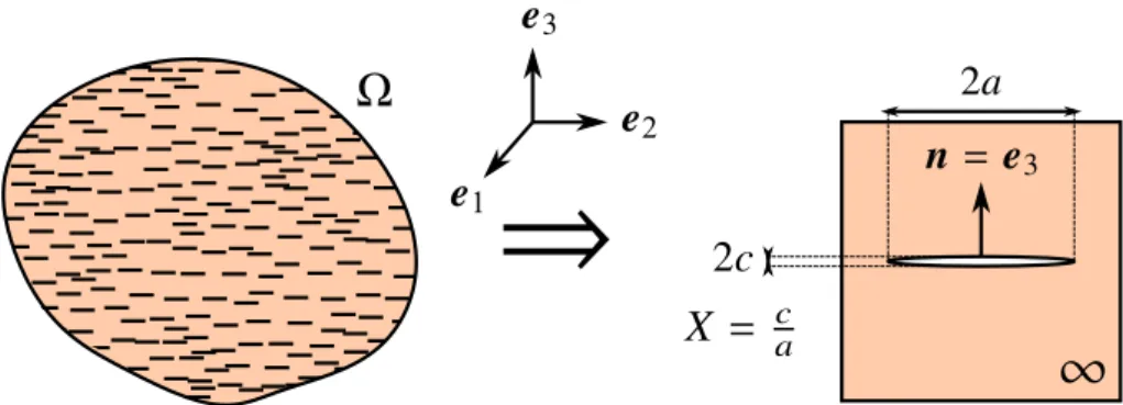 Figure 1: Cracked solid Ω (left) and representation of the auxiliary problem (right).