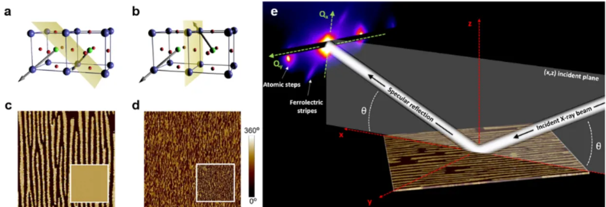 Figure 1: Self-organized ferroelectric patterns and principle of the resonant X-ray diffraction experiments