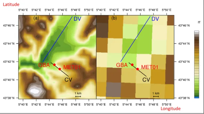 Figure 1: (a) Topography of the region of Cadarache as represented in WRF with a 111 m horizontal resolution