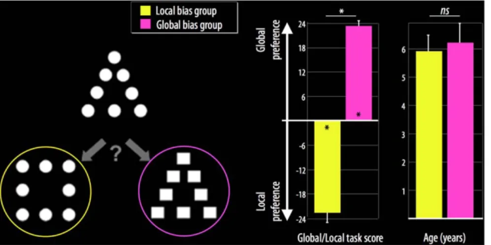 Figure 1. Representative example of a global/local triad stimulus (left), mean global/local task scores (middle), and mean age (right) for the local bias group (yellow) and the global bias group (pink)