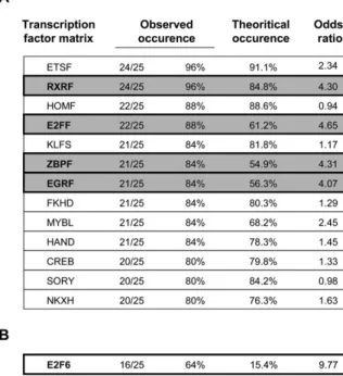 Fig. S7. Global promoter analysis of the 25 genes identi ﬁ ed by DNA microarray. ( A ) Promoter regions of the 25 genes identi ﬁ ed by DNA microarray were retrieved from Genomatix databases, and searched for common transcription factor binding sites using 