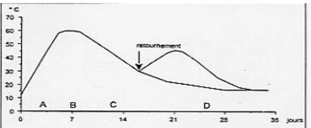 Figure 2 : Exemple d’évolution de température pendant le compostage d’un fumier de bovins  (Golden, 1995)