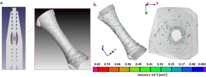 Figure 11: CT scan of the tensile specimen (a) and porosity analysis (b) 