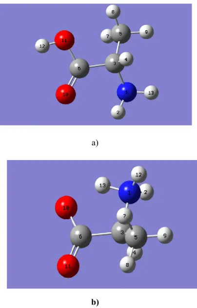 Figure 6: Les structures de la L-alanine (a) et de sa forme zwitteionique (b). 