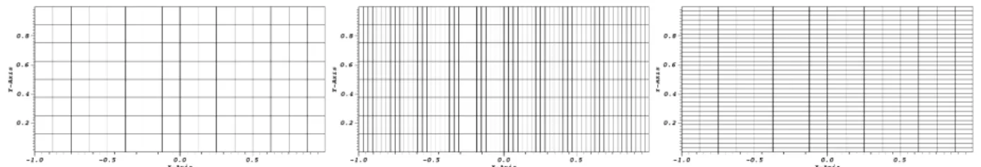 Figure 5: Isotropic rectangular mesh called m22 on the left, and anisotropically refined rectangular mesh in the x-direction called anisox4y1 in the middle, and in the y-direction called anisox1y4 on the right, each for the corresponding second lines in Ta