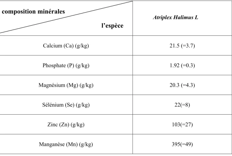 Tableau 2 : composition minérale d’Atriplex Halimus L selon (Niekerket al. 2004) 