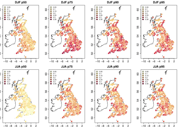 Figure 6. Cross-validated quantile skill scores for MOS ﬁtted on precipitation from ECHAM5 for winter (DJF) and summer (JJA) for the period 1961–2000