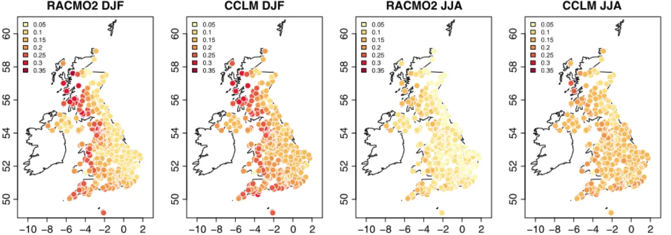 Figure 3. Cross-validated Brier skill scores for MOS ﬁtted on precipitation from RACMO2 and CCLM for winter (DJF) and summer (JJA) for the period 1961–2000.