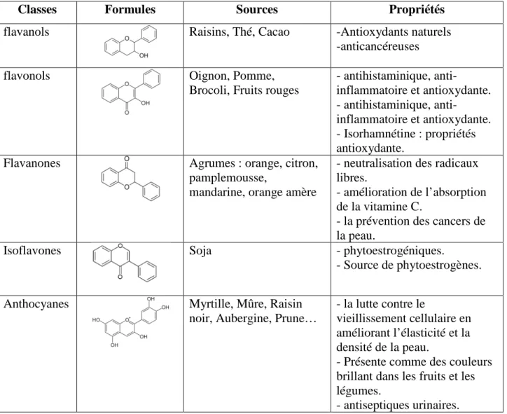 Tableau 3 : Quelques classes distinctes de flavonoïdes (Bellebcir, 2008). 