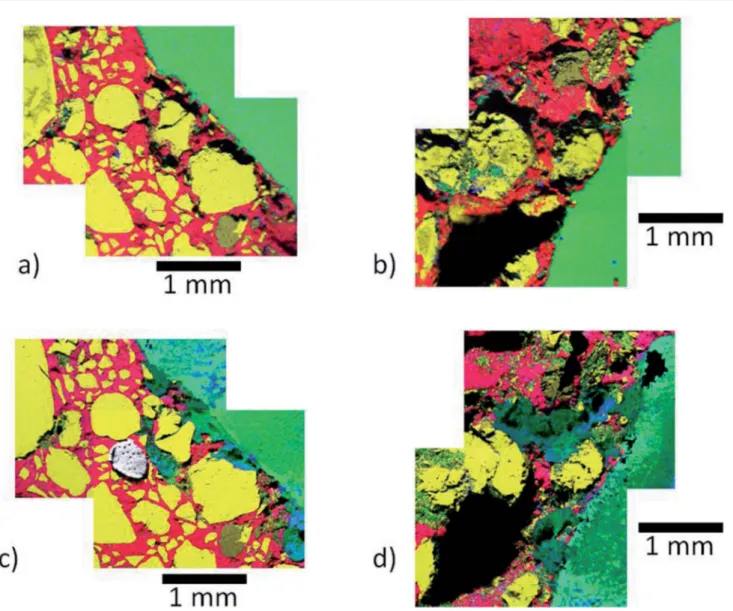 Fig. 6 Cell C02-E03, EDS maps (Fe ¼ green, Ca ¼ red, Si ¼ yellow, Cl ¼ blue): (a) &amp; (b) respectively zones 1 &amp; 2 before the corrosion; (c) &amp; (d) respectively zones 1 &amp; 2 after the in situ monitoring of the corrosion process showing the pres