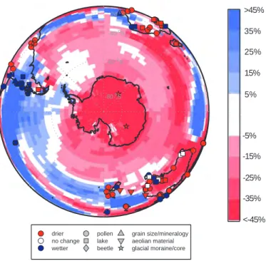 Figure 7: Changes between simulated pre-industrial and glacial precipitation. Kohfeld et al