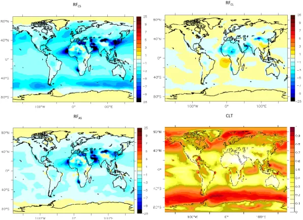 Fig. 2. All-aerosol (AER) radiative forcing in clear-sky (RF CS (W m −2 ), top left), cloudy-sky (RF CL (W m −2 ), top right) and all-sky (RF AS (W m −2 ), bottom left) conditions