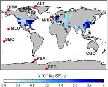 Fig. 1. Emissions of SF 6 (×10 − 3 kggridcell − 1 s − 1 ) on the 5.6 ◦ ×5.6 ◦ TOMCAT grid for the year 2008.