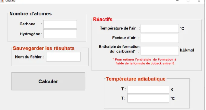 Figure III.12 : Interface graphique pour le calcul de la température adiabatique. 