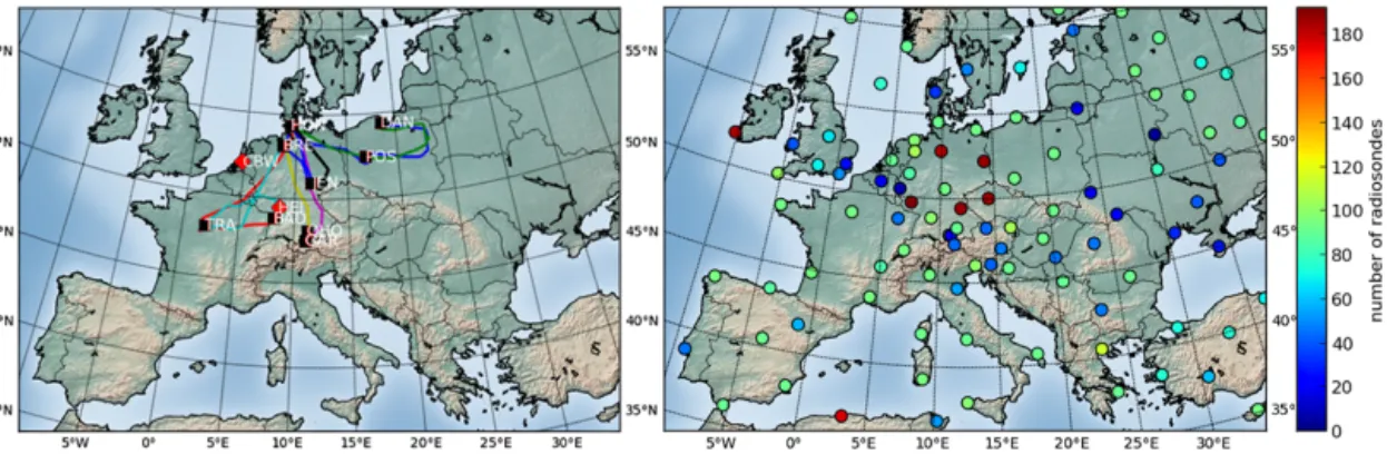 Figure 1. Maps of the simulation domain. The left map shows flight tracks of the IMECC campaign
