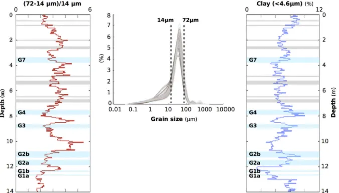 Figure 3. Granulometry data (continuous 5 cm sampling interval) for the Nussloch profile P4 determined using a laser particle sizer and calibrated using the classical pipette method (see Antoine et al