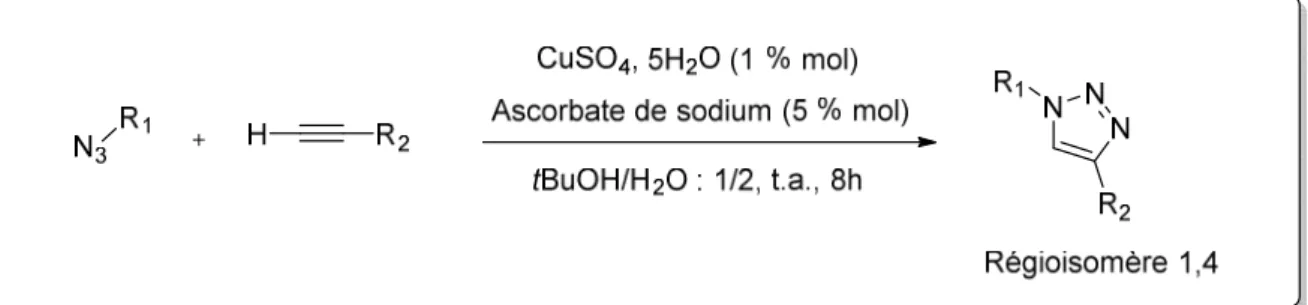 Figure 9 : Cycloaddition 1,3-dipolaire entre un alcyne et un azoture catalysée au Cuivre CuAAC 