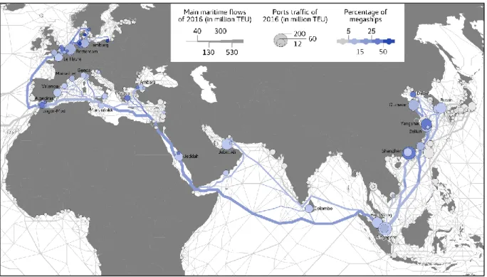 Figure 2: Relative importance of mega-ship traffic along the Europe-Asia route  Source: own elaboration based on Lloyd’s List Intelligence data 