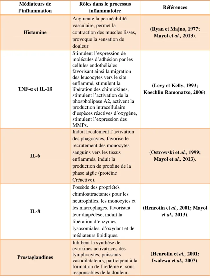 Tableau  1:  Effets  des  principaux  médiateurs  impliqués  dans  le  processus  inflammatoires