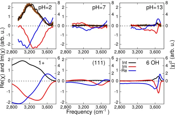 Figure 1.  Comparison between experiments and theory. Top: experimental conventional VSFG intensity  spectra (brown) and intensity spectra obtained from phase-resolved experiments (black)