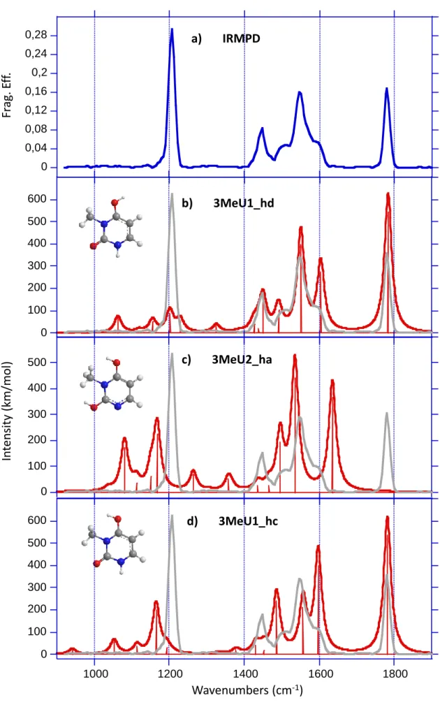 Figure 4  1000 1200 1400 1600 1800d)       3MeU1_hcb)       3MeU1_hda)       IRMPD0100200300400500600010020030040050060000,040,080,120,160,20,240,28c)       3MeU2_ha0100200300400500Wavenumbers (cm-1)Intensity(km/mol)Frag
