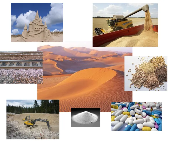 FIG. I.1 – Exemples de mat´ eriaux granulaires. On rencontre ces mat´ eriaux en milieu naturel (dunes de sable, chˆ ateaux de sable, ´ eboulement) et dans le secteur industriel (agroalimentaire,  phar-maceutique, batiment).