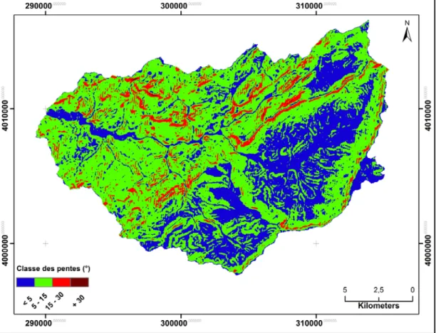 Figure 06 : Carte des pentes en pourcentage du bassin de l’oued Kramis  Tableau 05 : Les classes de pente du bassin de l’oued Kramis 