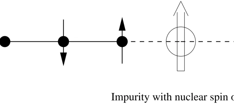 FIG. 1. An NMR 1/T 1 measurement performed on an impurity with a nuclear spin but no atomic spin (white dot) is a probe of the time autocorrelation of the end spins of the spin chain (black dots).
