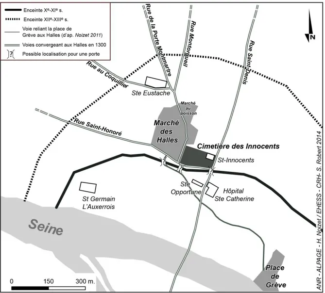 Fig. 1 : Paris : emplacement du cimetière des Saints-Innocents et des marchés à une  porte supposée de l’enceinte du X e -XI e  s