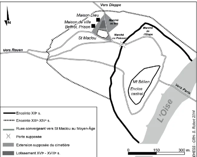 Fig. 2 : Pontoise : emplacement du cimetière Saint-Maclou, des marchés et des équipements  urbains à une porte supposée de l’enceinte du XII e  s