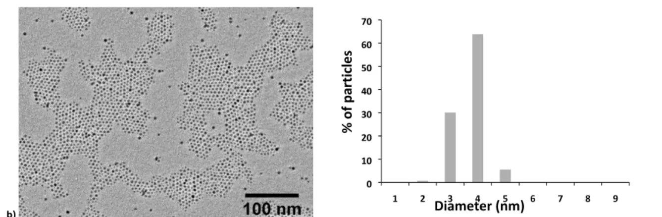 Figure 3. TEM images and histogram of diameters of USPIO synthesized by the thermal decomposition method: (a) USPIO with D TEM  =  7.6 nm (7.6 ± 1.6 nm, PDI TEM  = 0.14) and (b)  USPIO with D TEM  = 4.2 nm (4.2 ± 0.5 nm, PDI TEM  = 0.08)