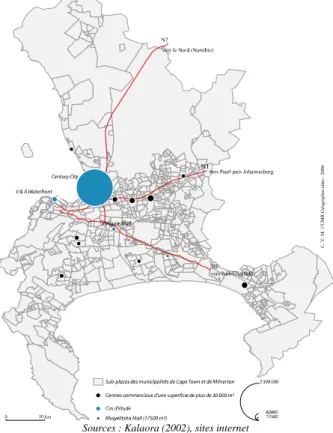 Figure 1. Localisation des centres commerciaux dans l’agglomération urbaine du Cap 