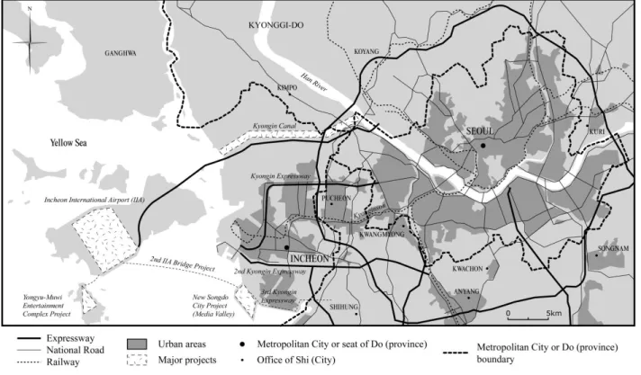 Figure 1: The Kyongin region, major projects and infrastructures around 2004. 