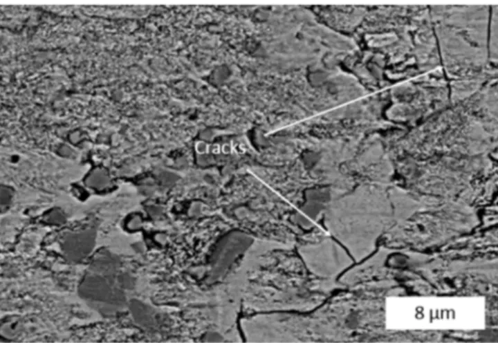 Fig. 15. Cracks formed on NiCrBSi alloy A (PTAW) surface before exposure in sodium observed by FESEM (surface).
