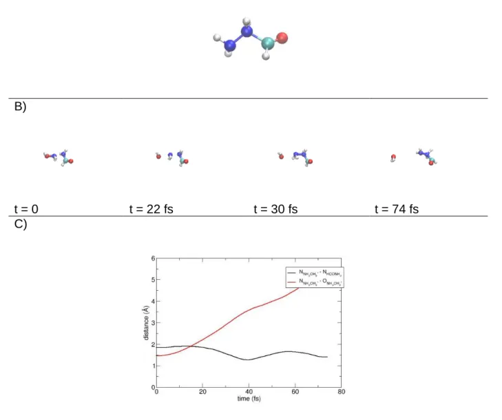 Figure  4.  Panel  A:  structure  of  the  ion  CON 2 H 5 +  formed  as  product  of  reaction  (d) II   in  simulations  in  which  random  complexes  at  3.2  A  are  set  as  initial  conditions