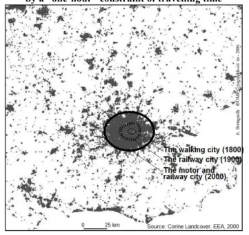 Figure 1 : The agglomeration of London, an evolving spatial entity delimited   by a “one-hour” constraint of travelling time 
