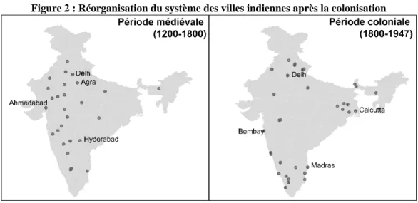 Figure 2 : Réorganisation du système des villes indiennes après la colonisation 