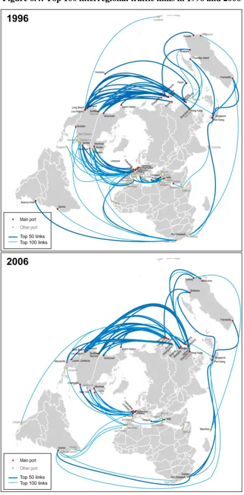 Figure 6.4: Top 100 interregional traffic links in 1996 and 2006 
