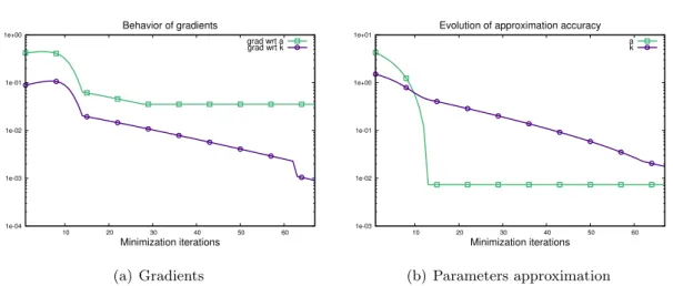 Figure 4.3: Behavior of the gradients of cost function and approximation of the parameters a and k during the minimization process.