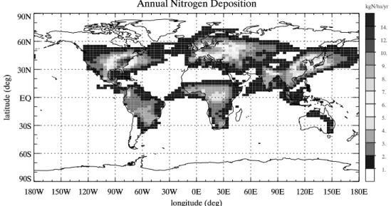 Figure 15. Correlation between NO  3 wet deposition (kgN/ha) calculated with LMDz-INCA and measured from surface networks (measurements reported by Holland et al